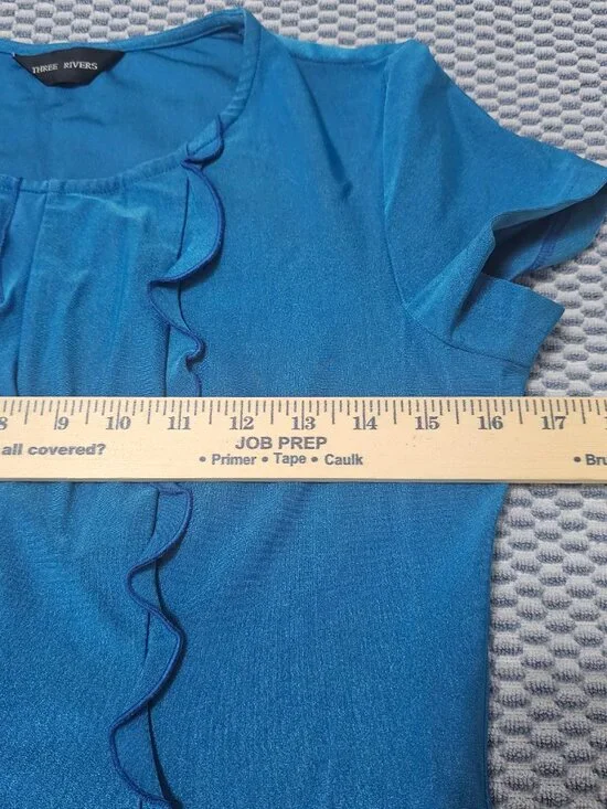 Three Rivers Ruffled Vibrant Blue Short Sleeves Blouse Japan Made - Size Medium - Picture 6 of 7